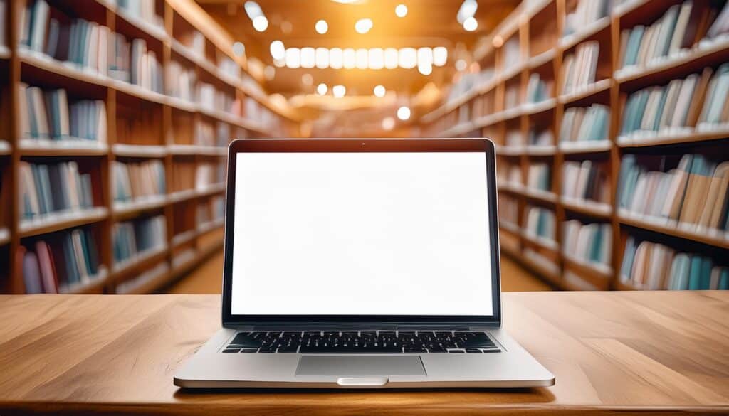 UneAutreVoix-PageBlanche-Ordinateur - Une Autre Voix Un ordinateur montre une page blanche dans une bibliothèque