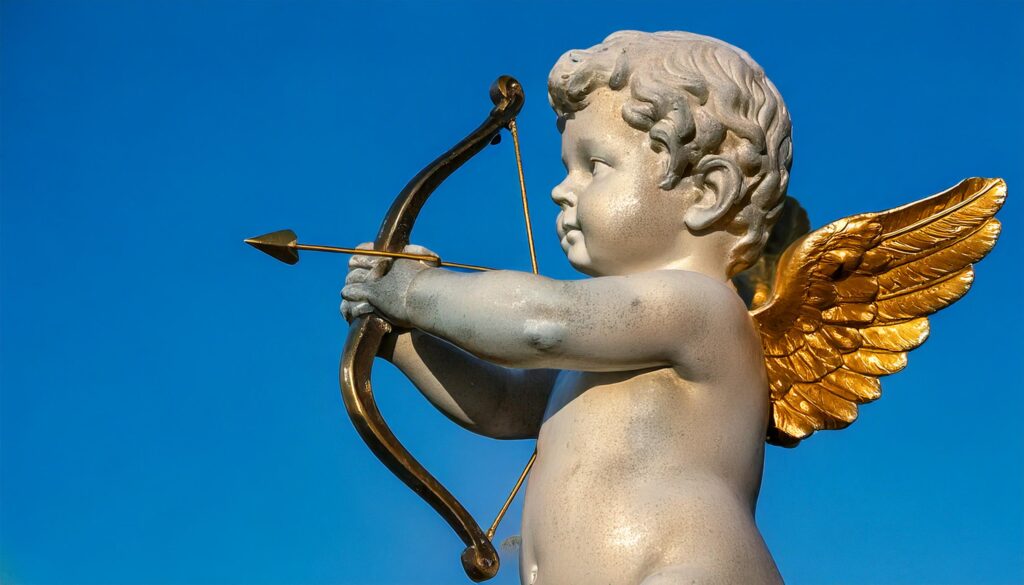 Firefly une statue bébé cupidon ailé avec son arc ses flèches son arc et le bout de sa flèche son - Une Autre Voix Une statue d'un petit cupidon sur un fond bleu