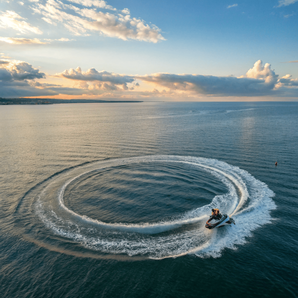 Un jet ski tourne en rond - Une Autre Voix Un jet ski fait des cercles dans l'eau