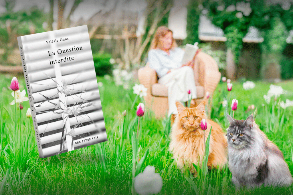 Valérie Gans est assise dans un champ de tulipes avec son livre a coté d'elle - Une Autre Voix Valérie Gans est assise dans un champ de tulipes avec son livre a coté d'elle